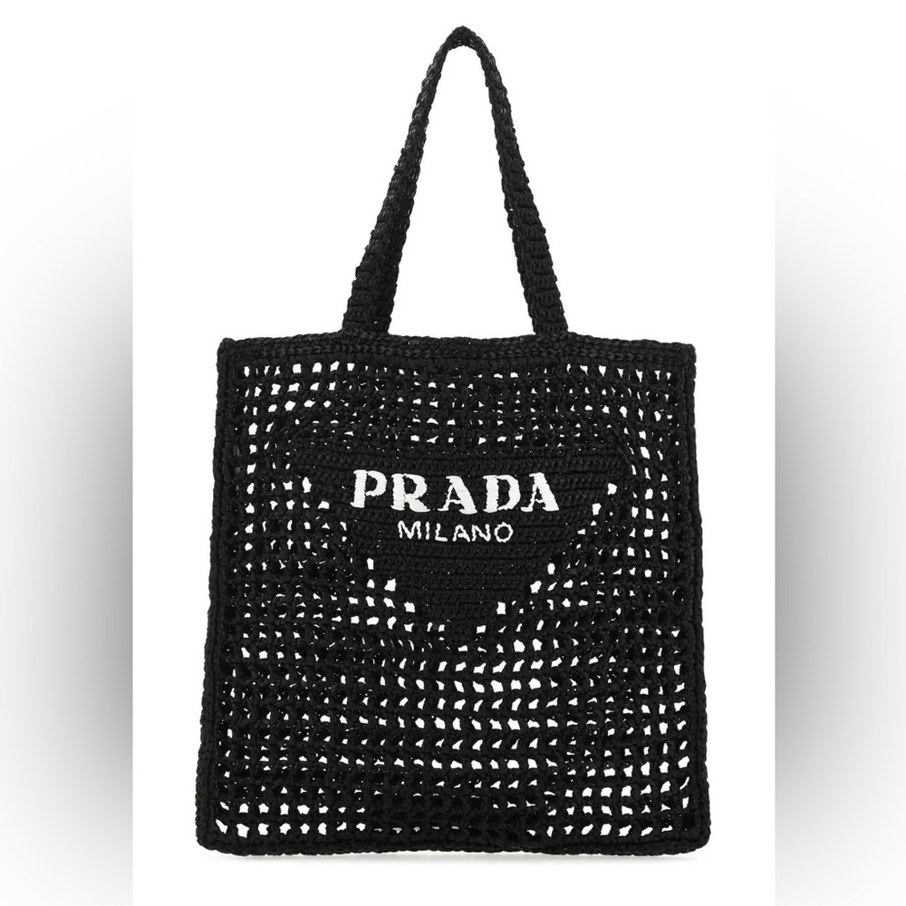 New Prada Logo Embroidered Crochet Raffia Tote